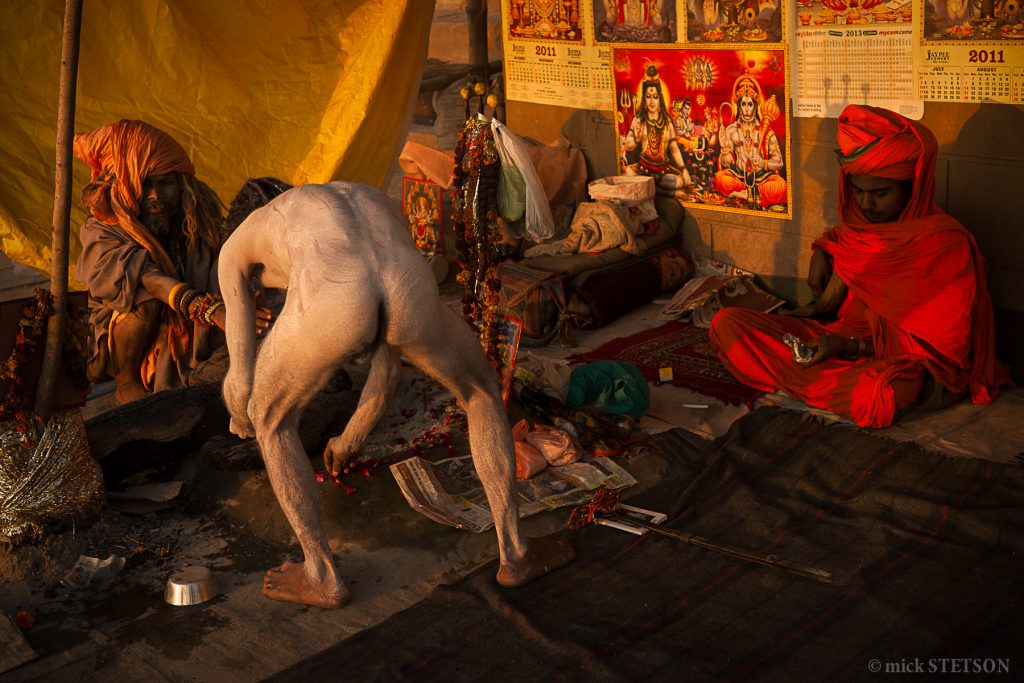 A brahmin priest and his initiates at the Kumbha Mela festival in India.