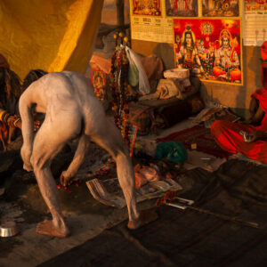 A brahmin priest and his initiates at the Kumbha Mela festival in India.