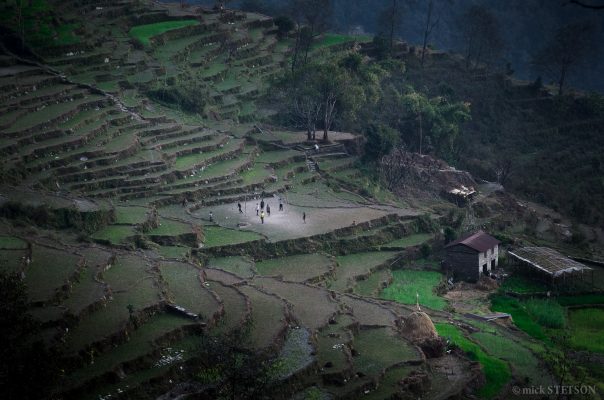 young boys from an Himalayan village playing soccer in an abandoned rice field