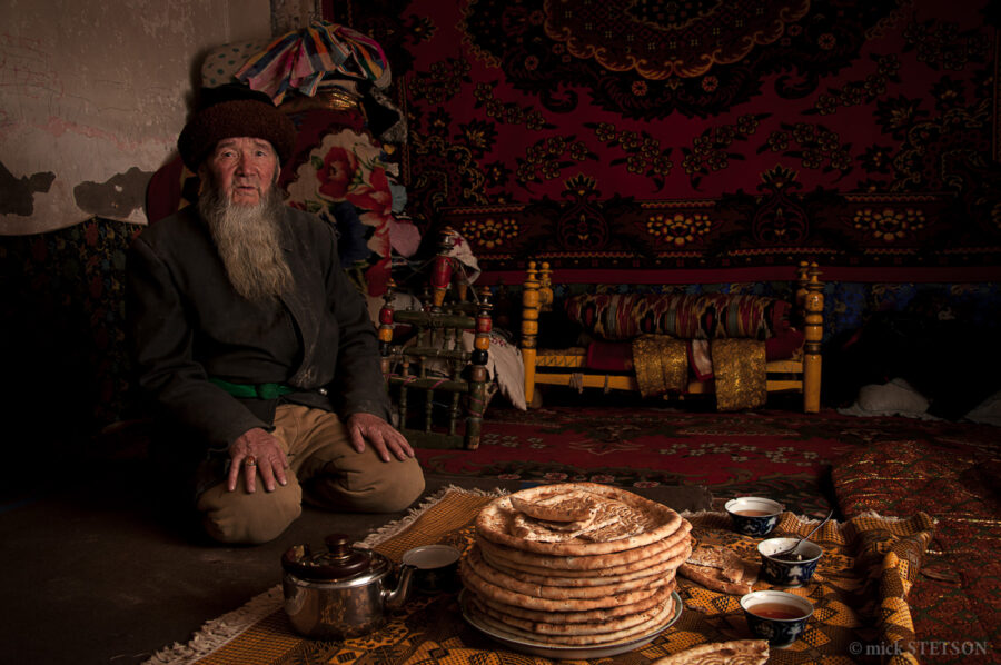 Shaman's home with flat bread and tea.