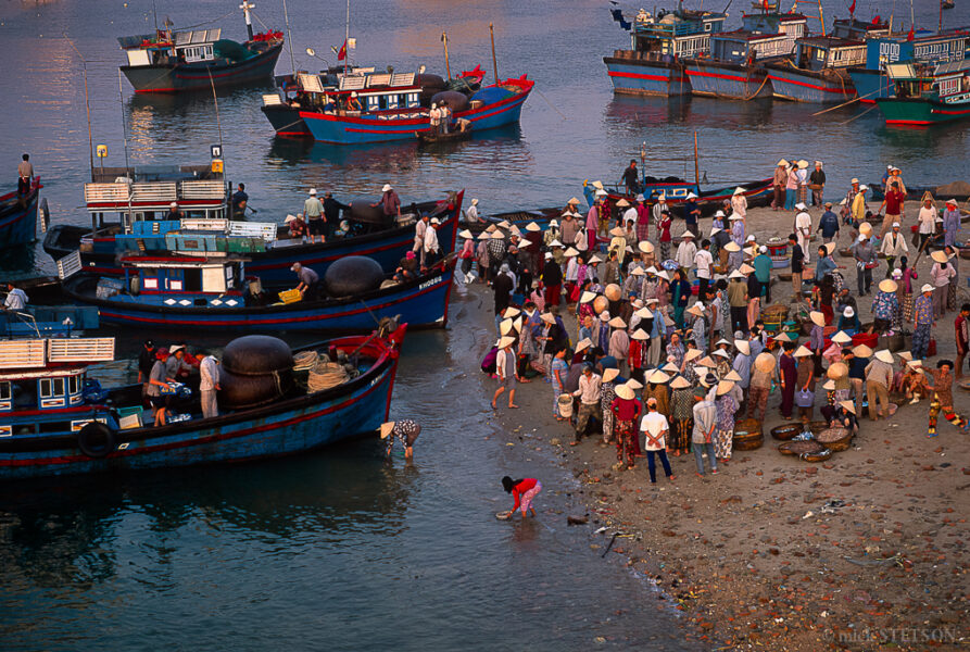 Fish mongers buying and fish from boats at the open air market in Nha trang.selling